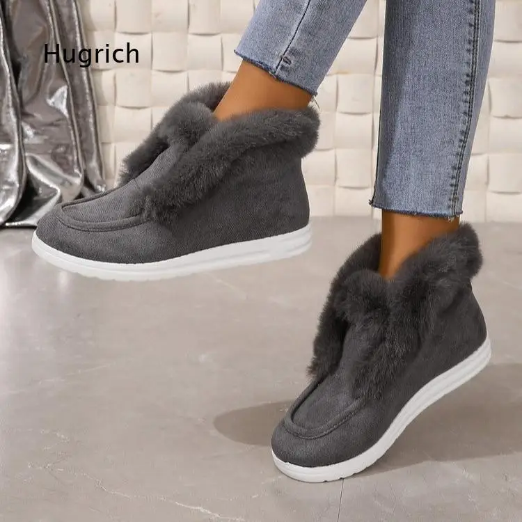 Botas de nieve de ante sintético gris para mujer 2026, con cuello de piel esponjosa, sin cordones, planas, cálidas para invierno, botines hasta el tobillo