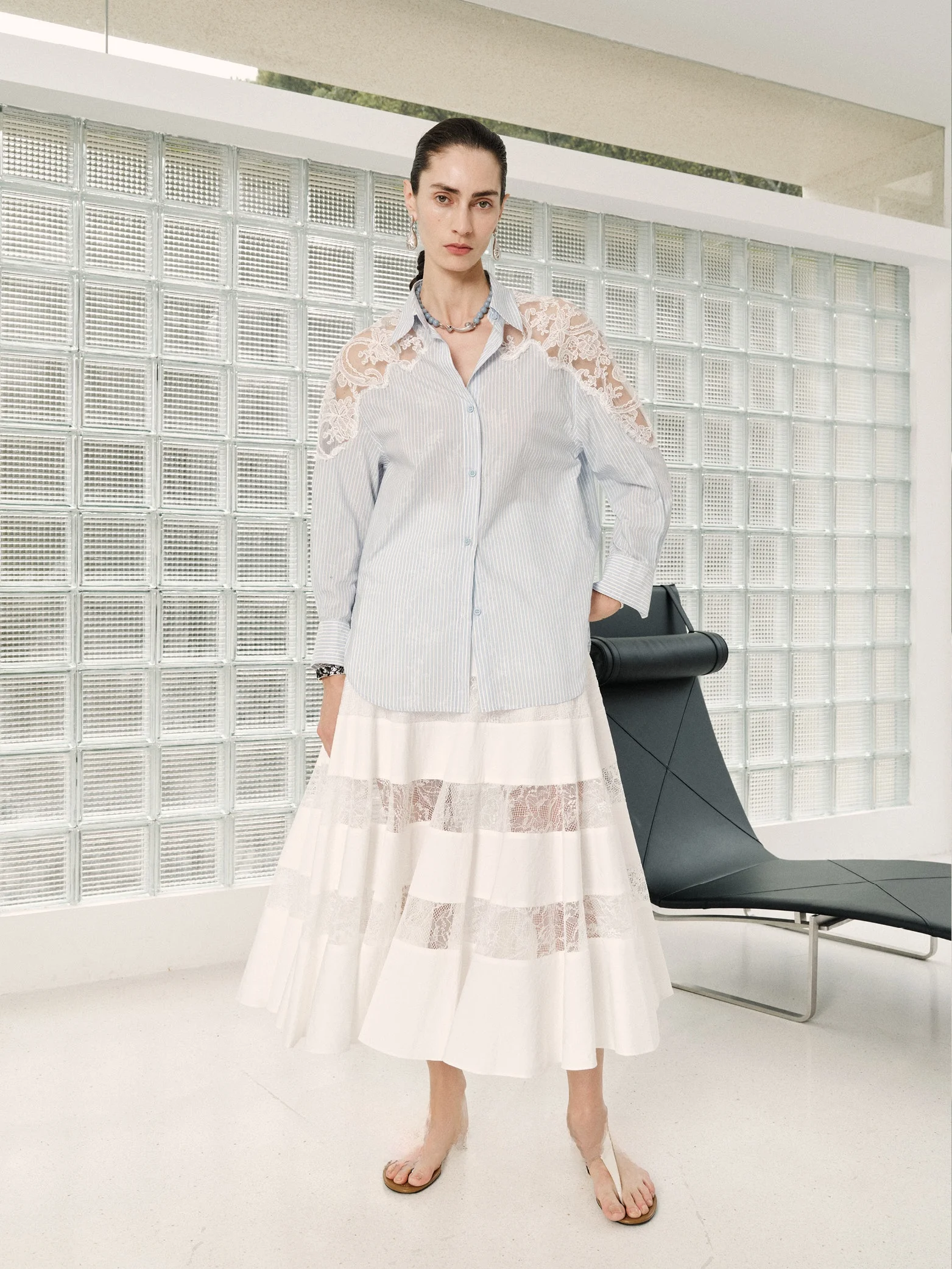 

LevinLove Casual Loose Women's Stripe irt Lace Patchwork Design Cotton Polyester Blend Long Sve Collar UV Protection