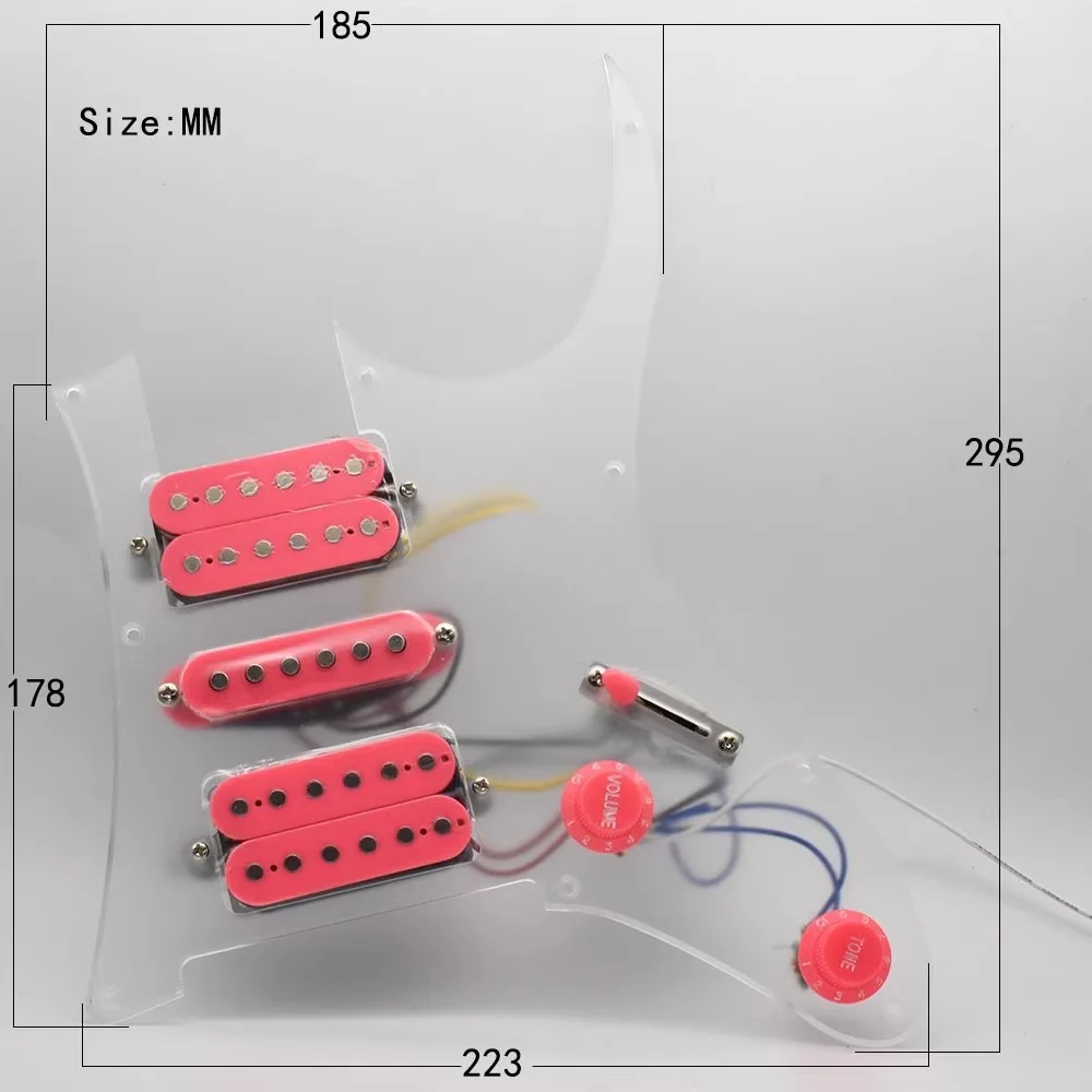 Electric Guitar Pickguard Dual Single and Double Pickups Complete Circuit Assembly Line Transparent with Green and Pink Panel