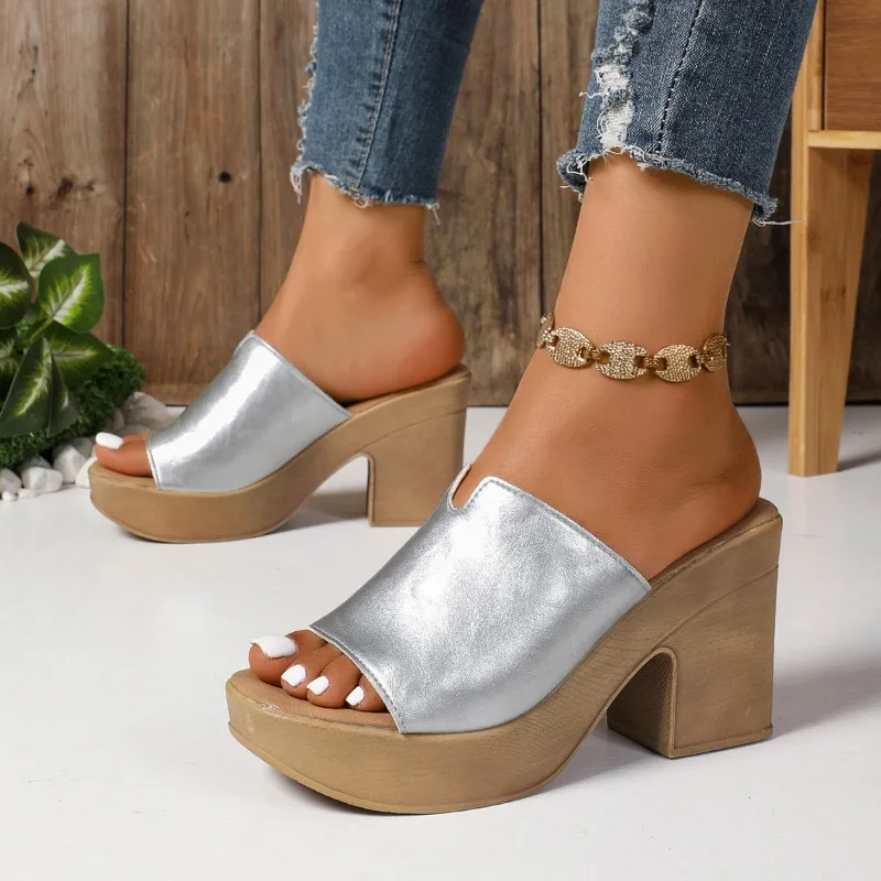 Hot selling fashionable and elegant High Heels Women Slippers Heeled Sandals New Summer Shoes Fashion Party Woman Open Toe image 3