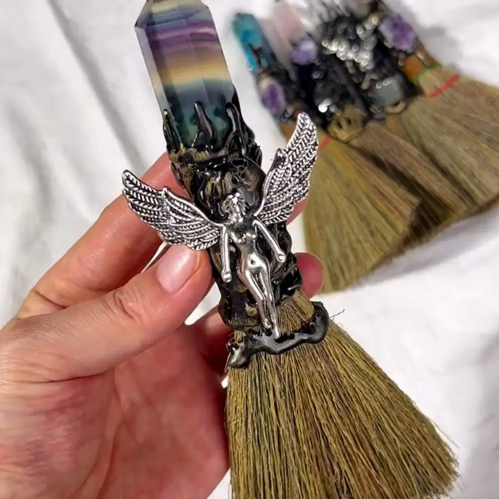 Exquisite Natural Crystal Column Point Stone Broom Handmade Mini Witch Broom Ornaments Rough Stone Broom Craft Psychic