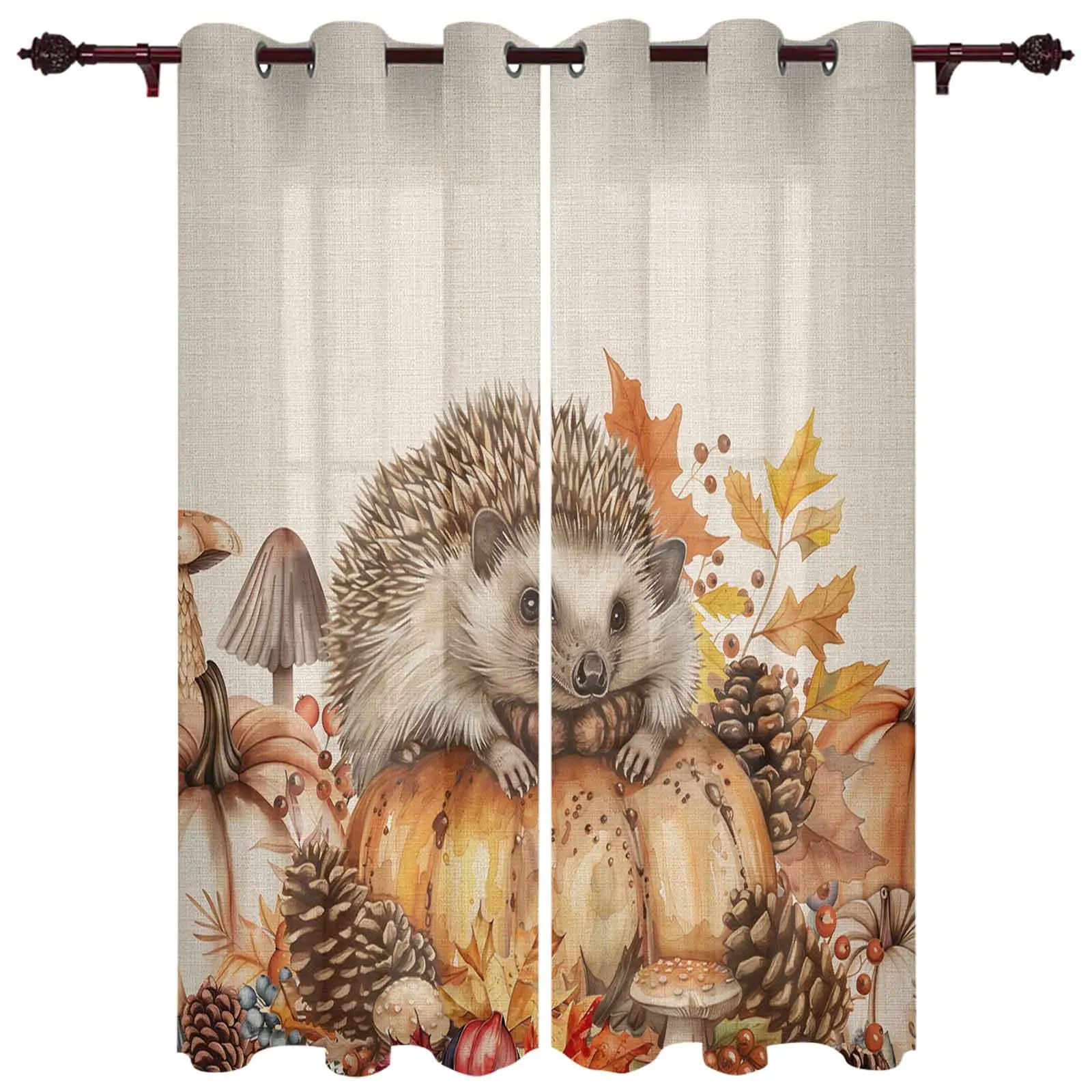 Fall Pumpkin Hedgehog Pine Cone Curtains for Living Room Window Curtain for Bedroom Modern Indoor Home Decor Curtains