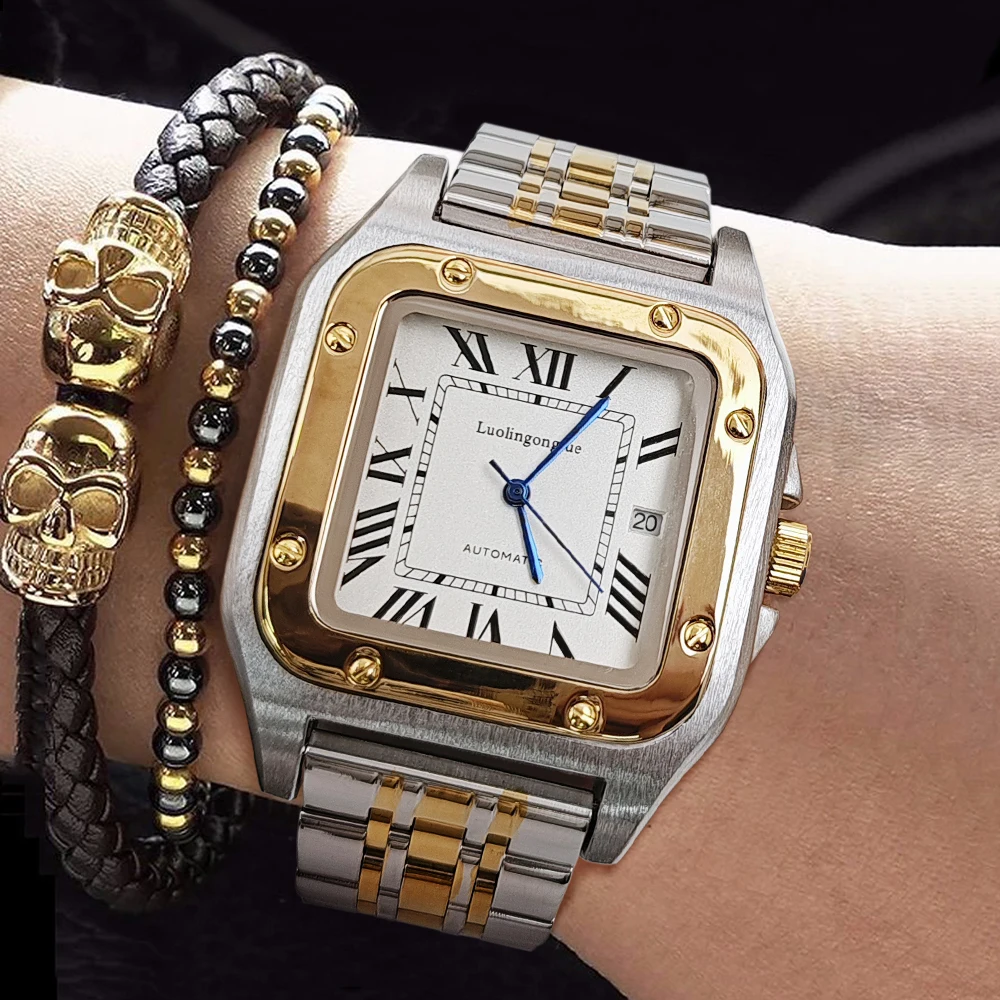 New Genuine High-Quality Square Men's Mechanical Watch, Automatic Winding, Skeleton Design, Stainless Steel Strap, with Calendar Display, European, American, Japanese, and Korean Style Tank Series, Fashionable Business Casual, Stylish and Cool, Trendy Men's Wristwatch, the Best Gift for Your Boyfriend on Valentine's Day