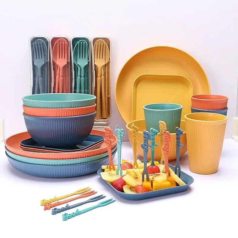 48pcs Plate Sets Wheat Straw Eco-Friendly Ramen Bowl Tableware Dinner Dishes Set Camping Tableware Set With Knife Fork Spoon