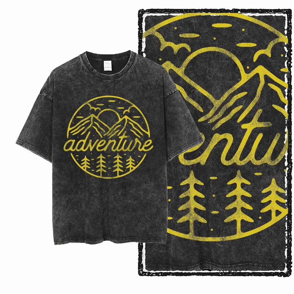 Men's Adventure T-Shirt Black Big Size Washed Distressed Outdoor Explorer Graphic Print Cotton T Shirt Unique Tee Shirt