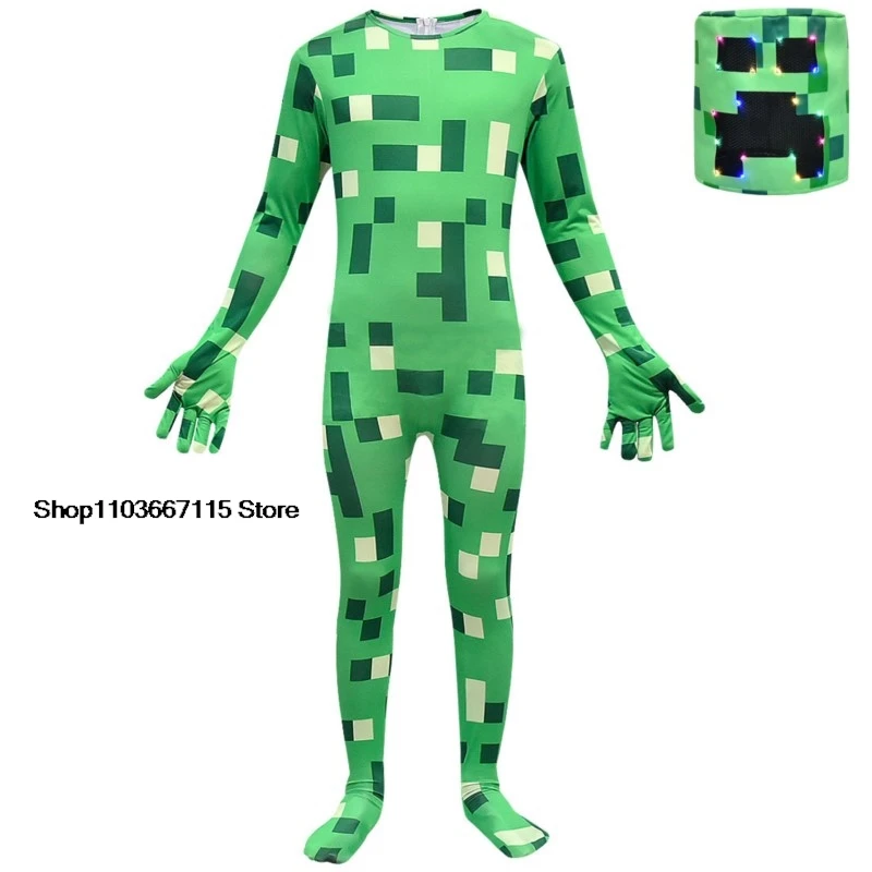 Kids Boys Girls Anime Game Green Check Print Long Sleeves Jumpsuit Mask Set Outfit Christmas Role Play Halloween Cosplay Costume