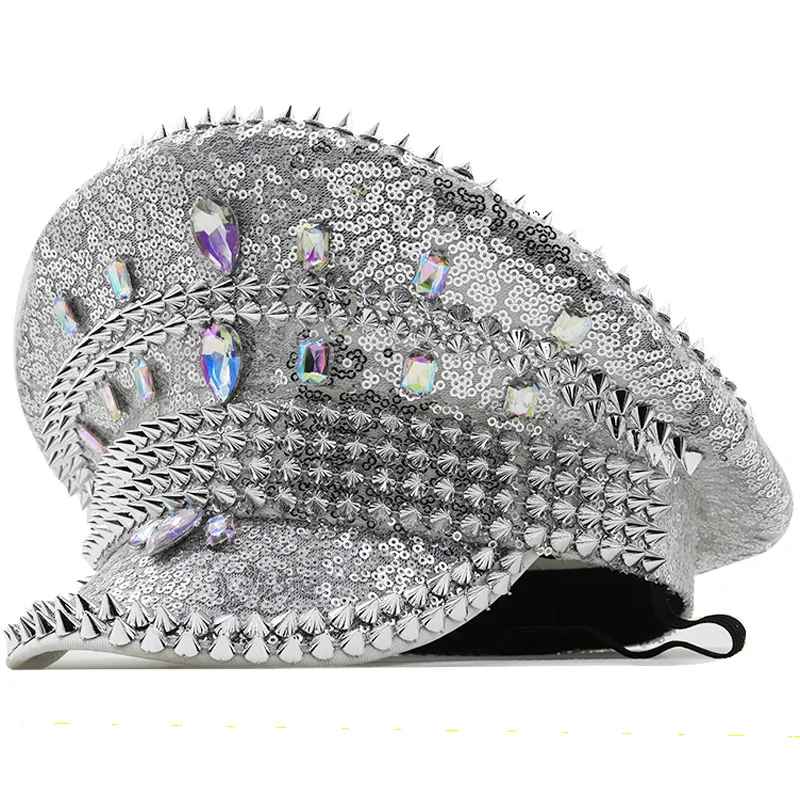 

Women's Wedding Hat Silver Sequin Diamond Photography Hat Peaked Hat Party Carnival Flat Hat Performance Hat