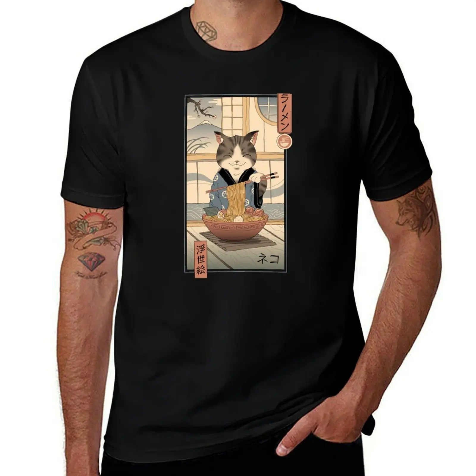 Neko Ramen Ukiyo-e T-Shirt Utility Work Short Sleeve Top T-Shirt