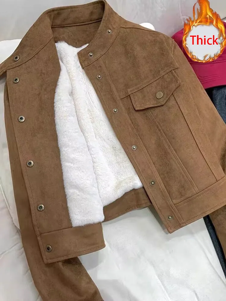

Зимняя толстая куртка из искусственной замши, женская винтажная теплая куртка в стиле Харадзюку с длинным рукавом, американская повседневная свободная женская верхняя одежда с круглым вырезом в стиле ретро