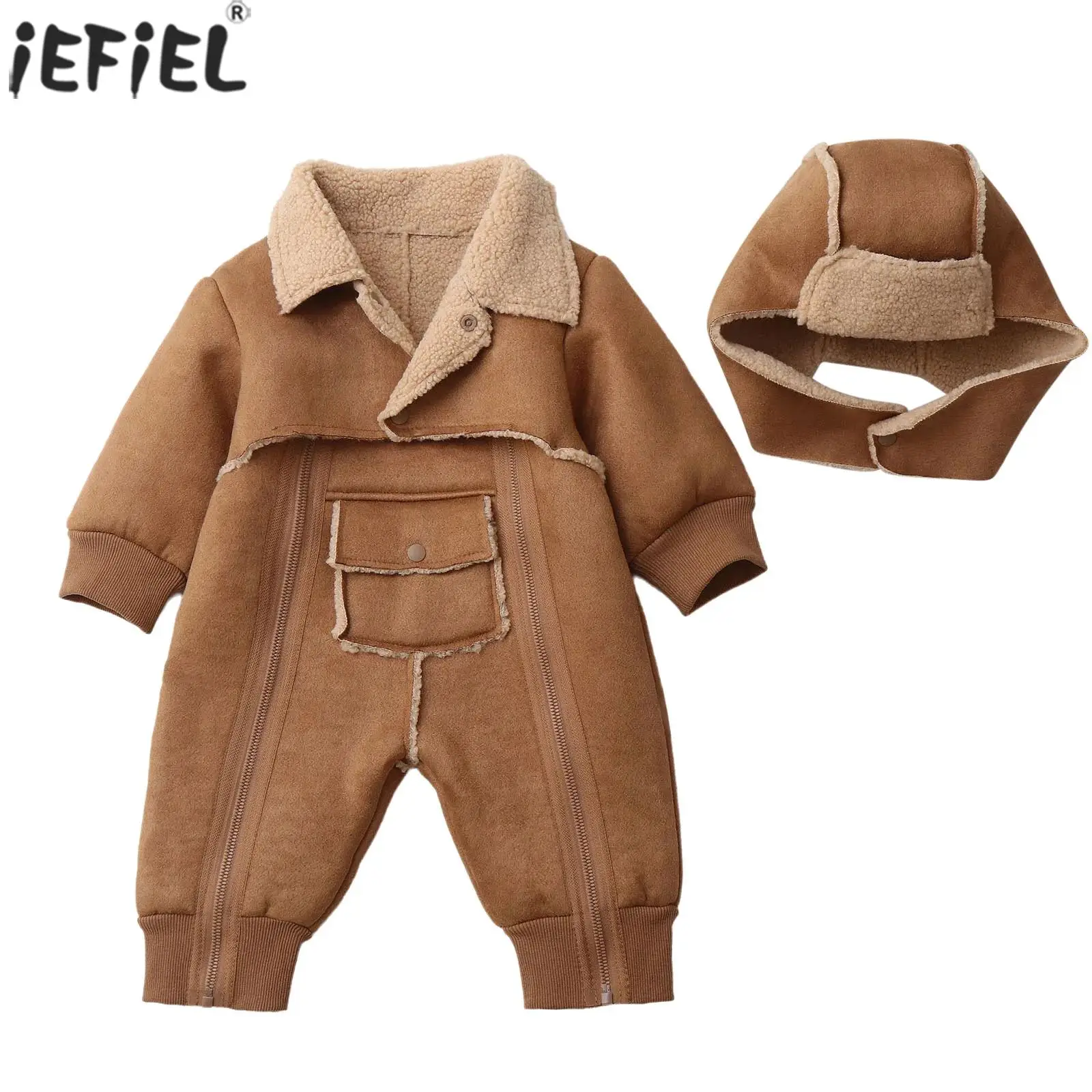 

Winter New Baby Clothes Warm Fleece-Lined Rompers Casual Long Sleeves Double Zipper Jumpsuit with Hat Newborn Infant Playsuit