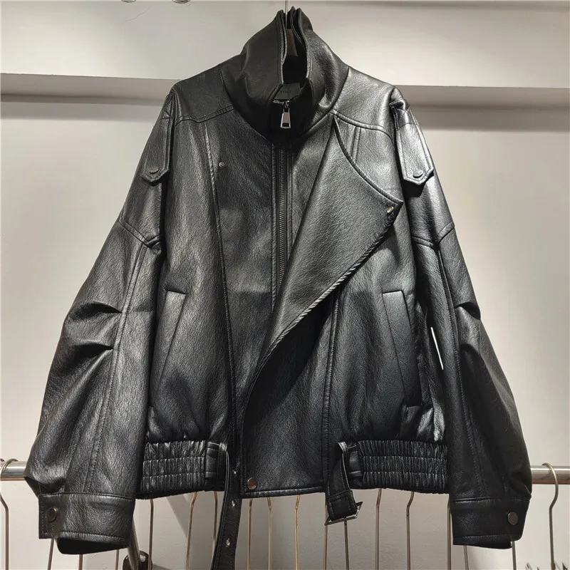 WTHT Fashion 2025 Jesień Damskie Grube Skórzane Luźne Płaszcze Modne Jednolite Kolory Stójka Kurtki Damskie 1LS2362