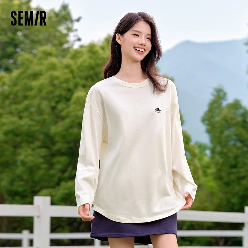 Semir-Camiseta de manga larga para mujer, Camiseta de algodón puro de longitud media larga con diseño impreso, Top extragrande de otoño, novedad de