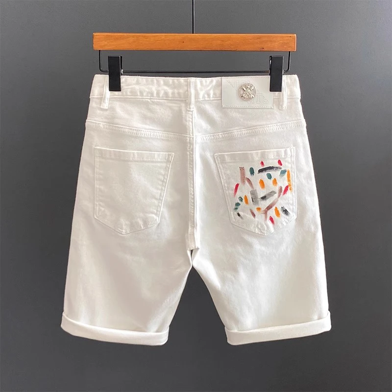 

Summer Men High Quality Luxury White Denim Short Pants Fashion Graffiti Print Jeans Male Slim Fit Trend Versatile Stretch Pants