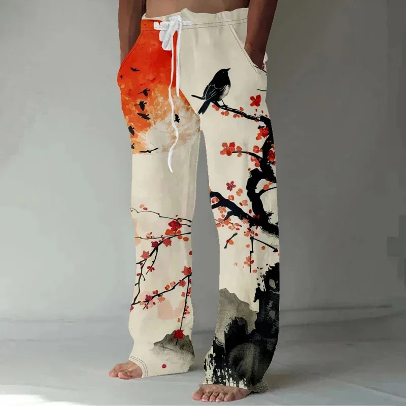 Men's Japanese Art Crane Print Loose Pants Harajuku Men's Wide Leg Pants Cat and Bird on Branch Trousers Streetwear