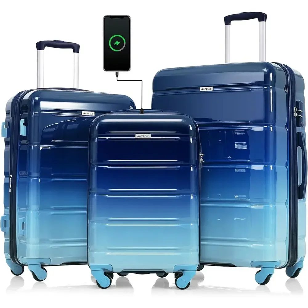 3 Piece Hardshell Luggage Set with ABS Material, Spinner Wheels and USB Charging Port