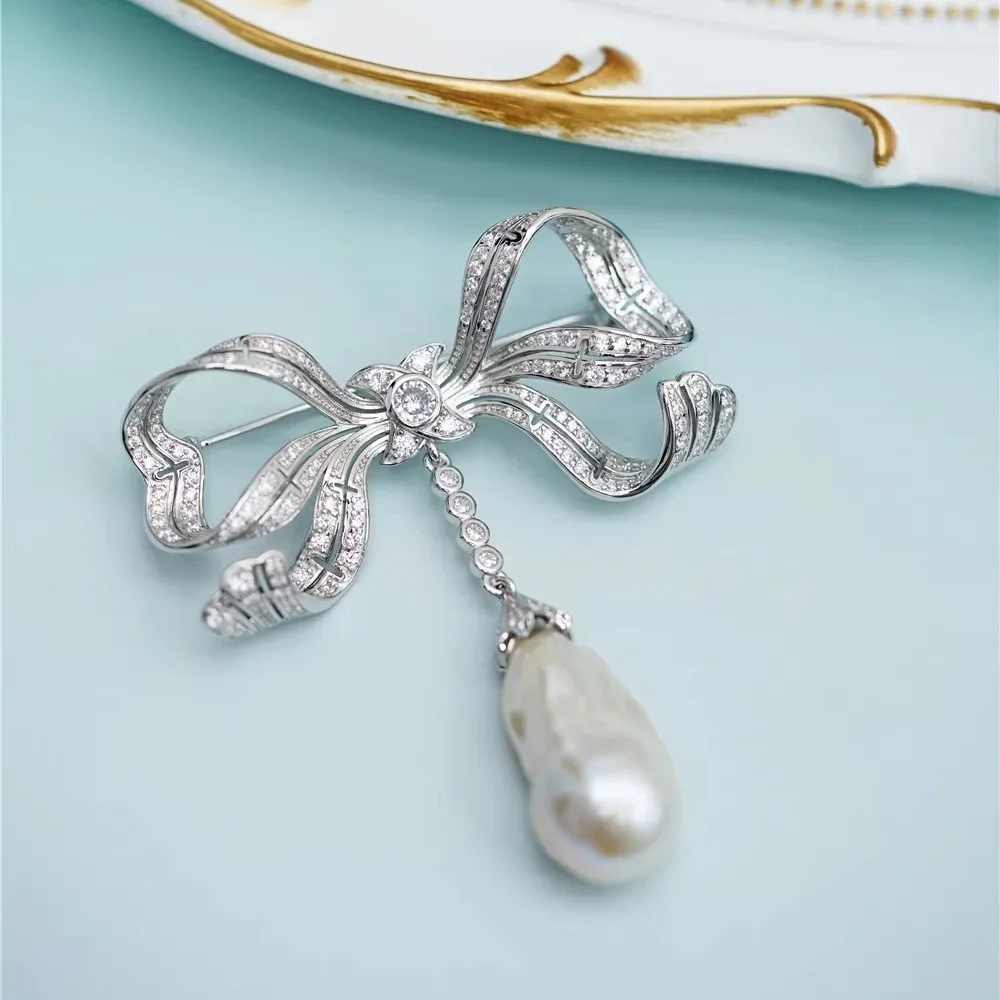 

925 silver gold plated three-dimensional bow Baroque pearl brooch