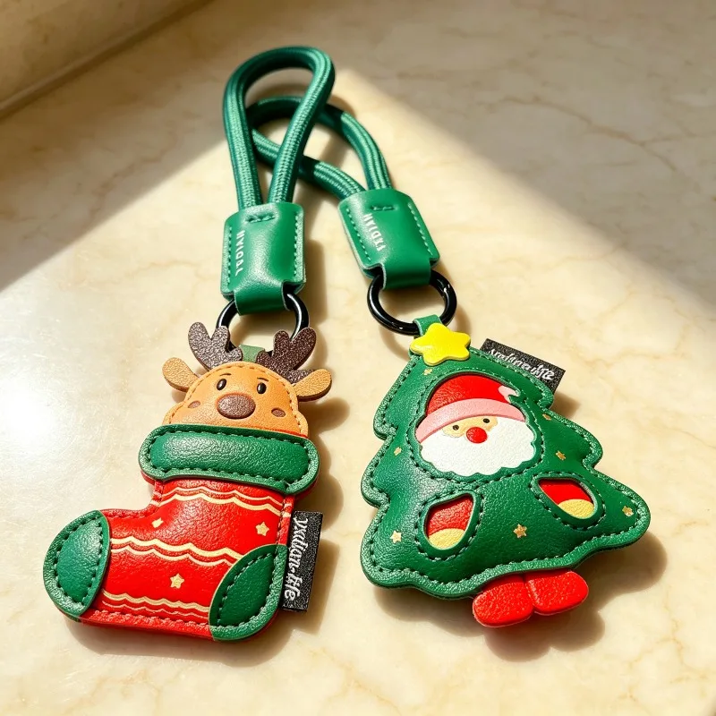 Christmas Tree Leather Key Ring Couple Car Keychain Bag Charm Hanging Decoration Holiday Present Accessory Keychains