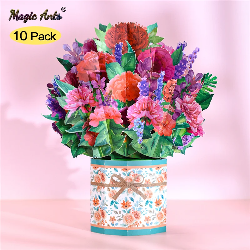 10 Pack 3D Flower Bouquet Pop Up Card for Mothers Day Birthday Greeting Cards Home Decoration Anniversary