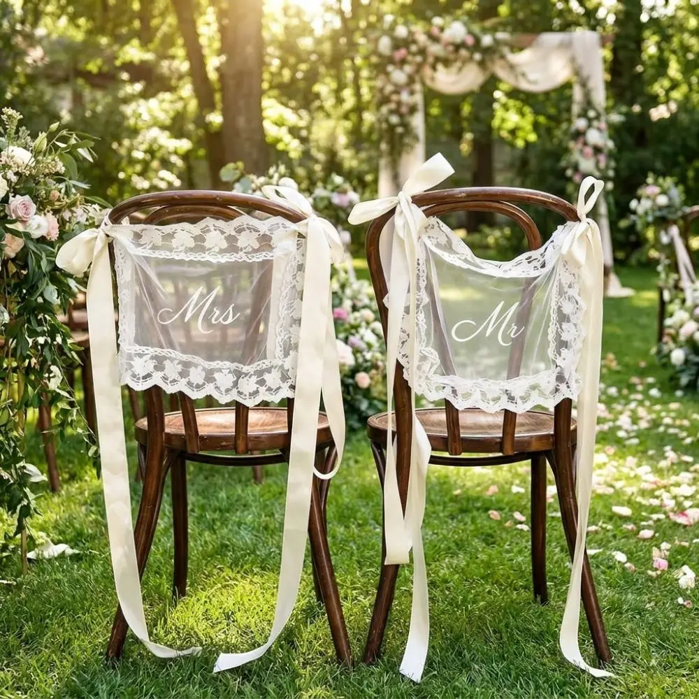 2PCS French Romantic Wedding Chair Back Lace Cover Creative Multi Purpose Strap Chair Cover Reusable Wedding Chair Banners