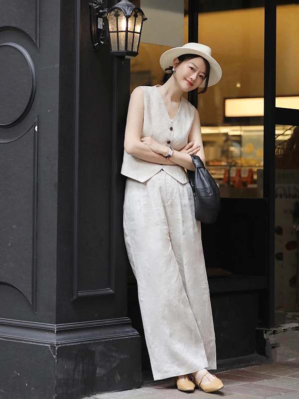 Linen V-Neck Loose Women's Suit Set Summer Casual Wide Leg Pants Commute Two-Piece Ensemble Button-Up Fashionable Outfit