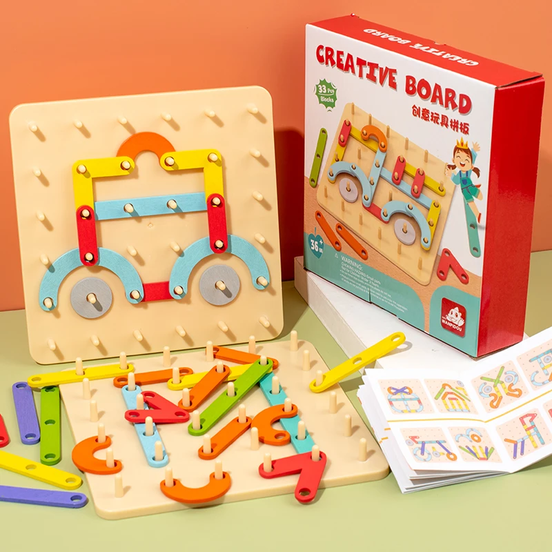 Jouets Géoboards en Bois Montessori pour Enfant, Planche à Ongles, Ensemble de Colonnes Géométriques, Puzzle de Construction, Panneau Perforé, Jouet