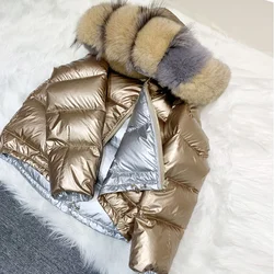 Real 2023 Natural Large Fox Fur Winter Women Parkas Coats Hooded White Duck Down Jacket Double Sided Waterproof Coat