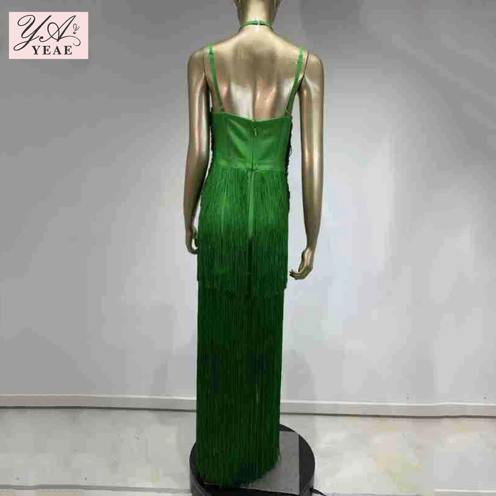 2024 New Women\'S Green Sexy Sleeveless Tight Fringe Long Bandage Dress Elegant Celebrity Party Evening Dress