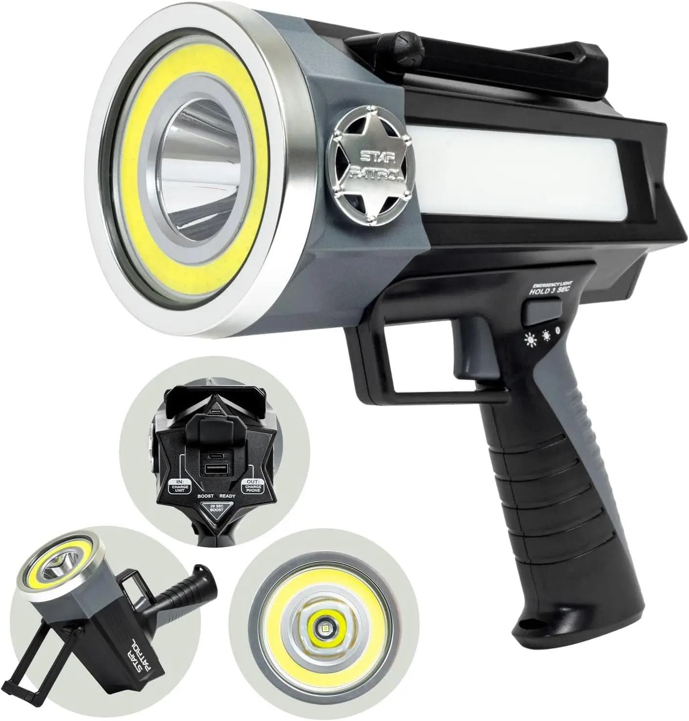 

Platinum Rechargeable Spotlight, 10 Modes, Turbo Boost, Built-in Kickstand & Phone Charger, Black, 9 in