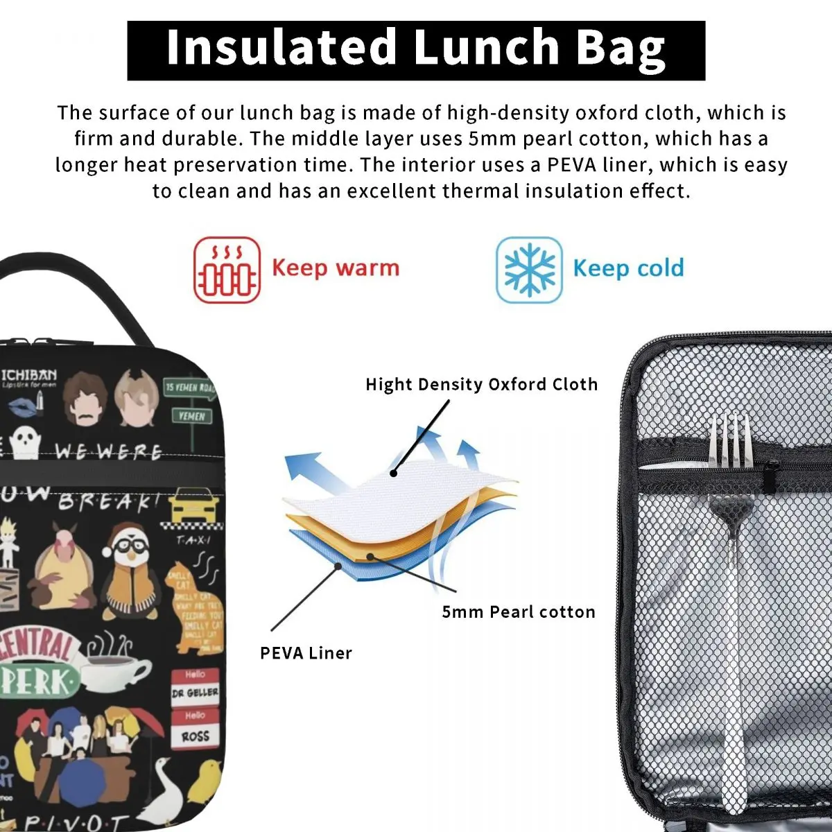 Unisex Funny Friends Collage Insulated Lunch Bag for Women Children Leakproof Food Boxes Thermal Lunch Box Tote