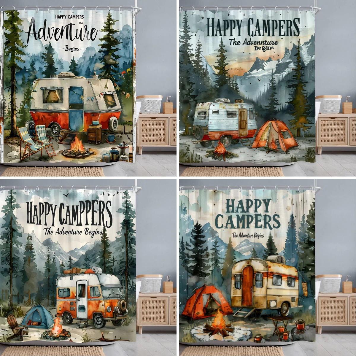 

Camping Caravan Forest Shower Curtain Pleasant Camper Tent Campfire Polyester Printed Shower Curtains Bathroom Decor with Hooks