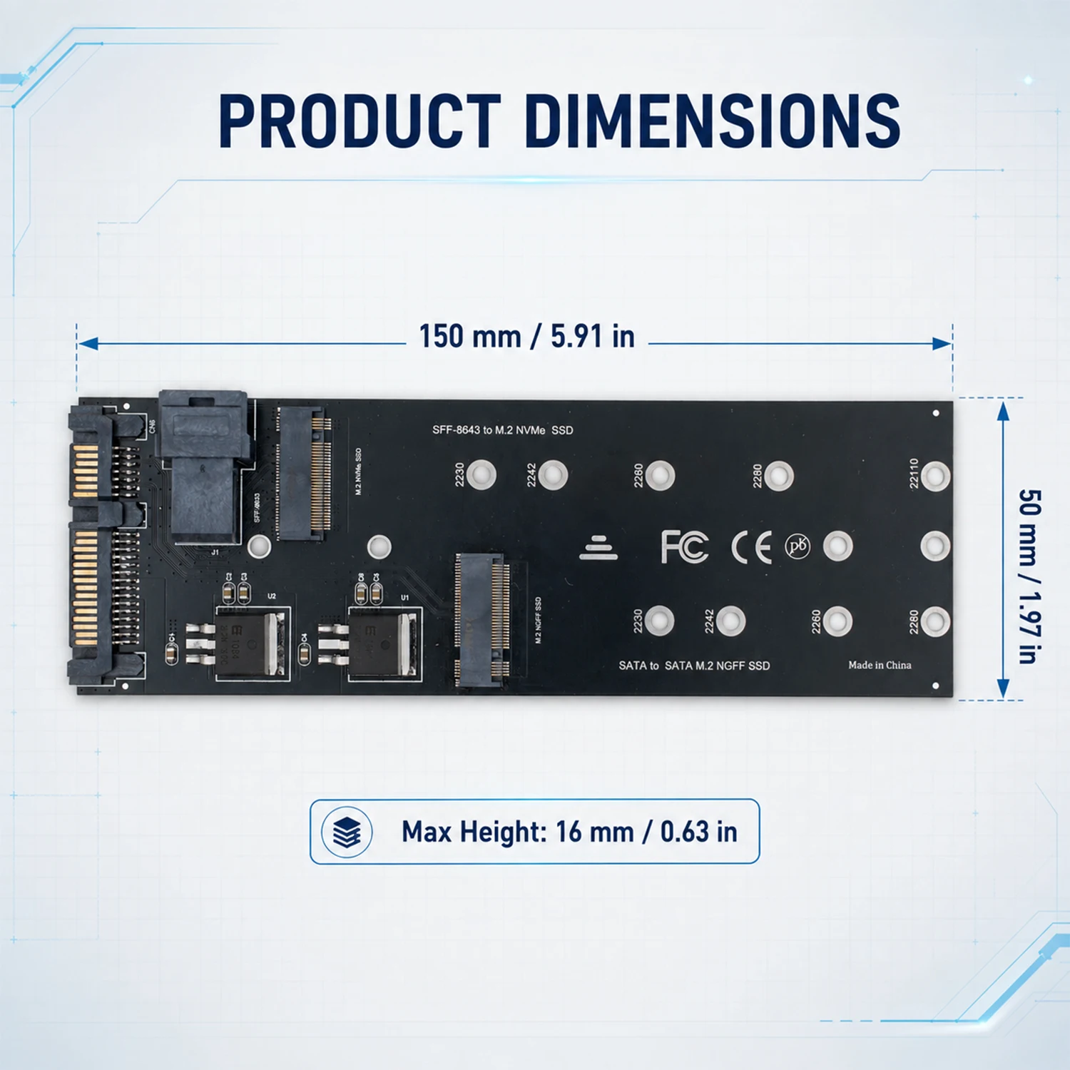 M.2 SSD Dual Protocol Adapter NVMe to SFF-8643 SATA NGFF to SATA 3.0 Converter Card Supports NVMe 2230 2242 2260 2280 22110