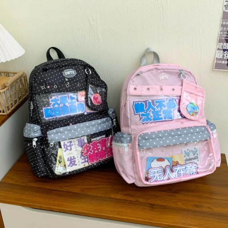 Y2k Polka Dot Ita Bag Transparent Pocket Diy Badge Display Bag Fashion Large Capacity Student Schoolbag Casual Travel Backpack