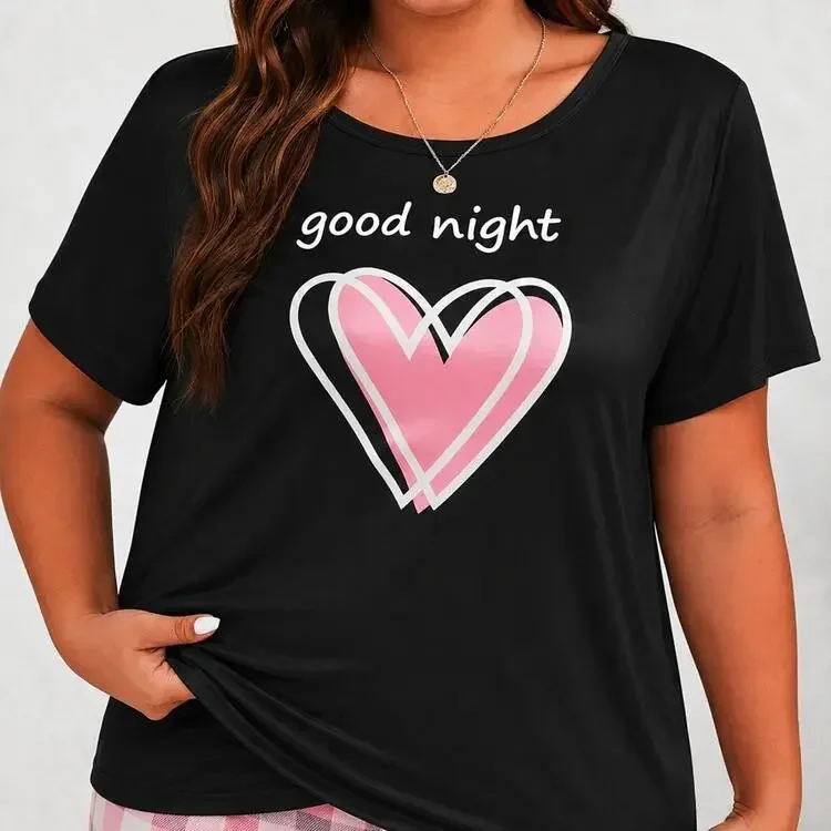 Women's Plus Casual T-Shirt, Heart-Shaped Pattern Short-Sleeved Top