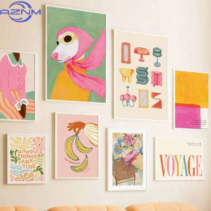 Fashion Girl Dog Vase Flower Banana Abstract Posters and Prints Wall Art Canvas Painting Picture Hotel Bar for Living Room Decor