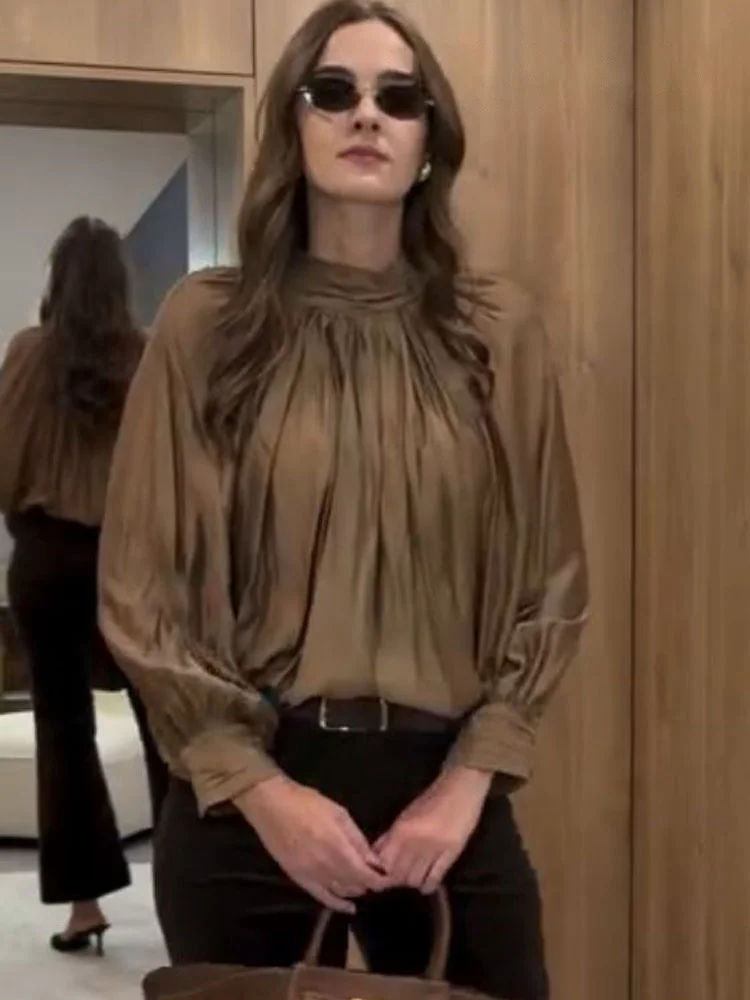 

HH Women's New Fashion Versatile Standing Collar Draped Top Female High Street Temperament Lantern Long Sleeve Shirt Mujer