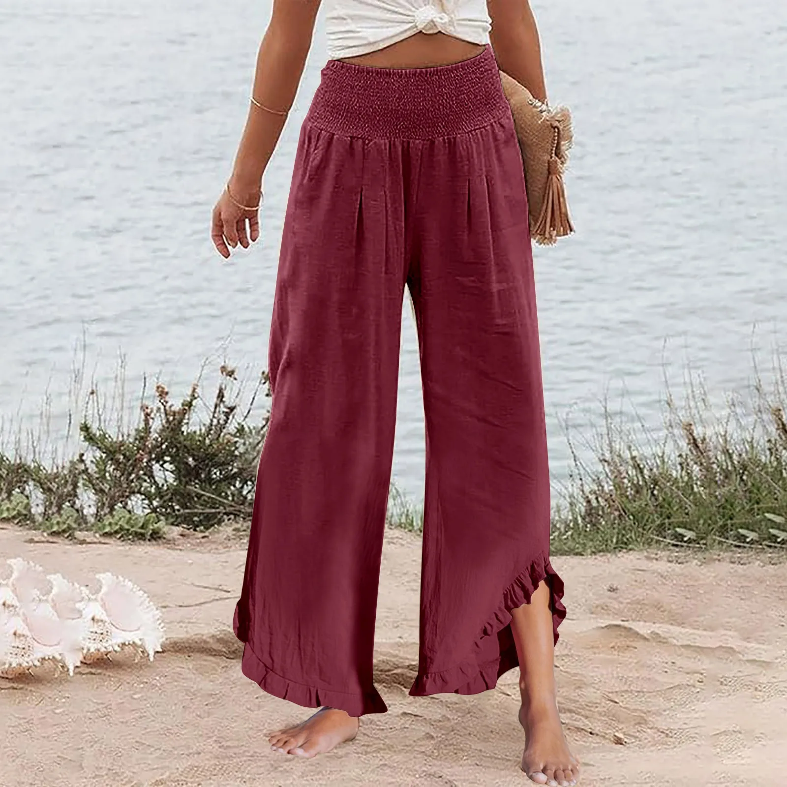 

Women Palazzo Pants Summer Casual Beach Travel Vacation Flowy Wide Leg Trousers Comfy Elastic High Waist Loose Versatile Pants