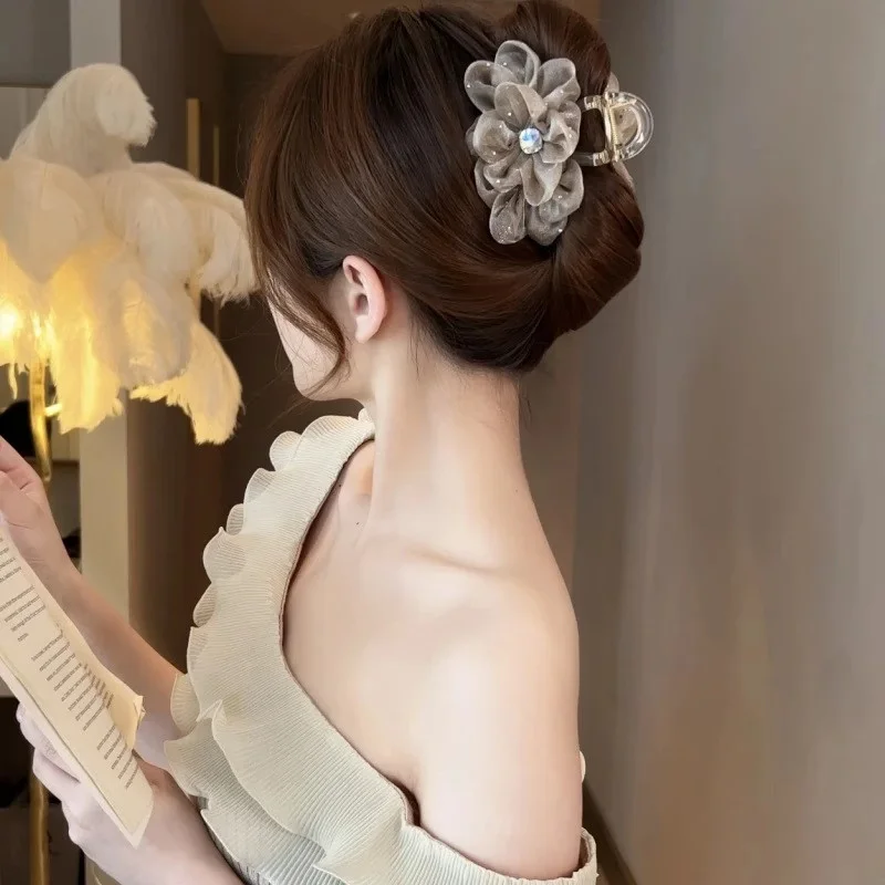 Rhinestone Hair Clip for Woman Elegant Korean Style Mesh Flower Shark Clip Fashion Girl Ponytail Clip Hair Clamp