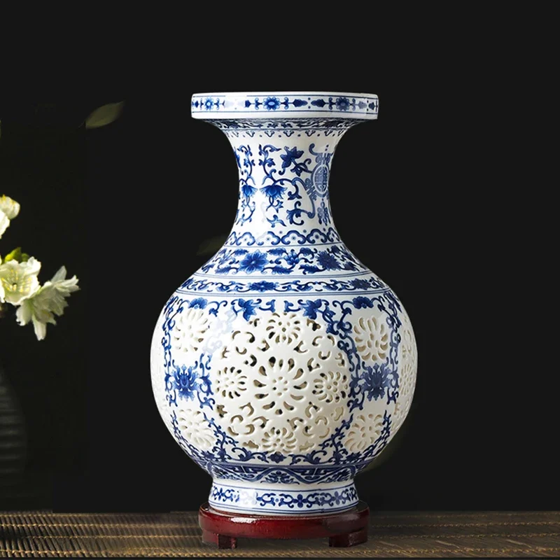 Sophisticated Ceramic Vase Chinese Jingdezhen Blue Porcelain Hollow Vase Home Decoration Living-Room Decoration For Flowers