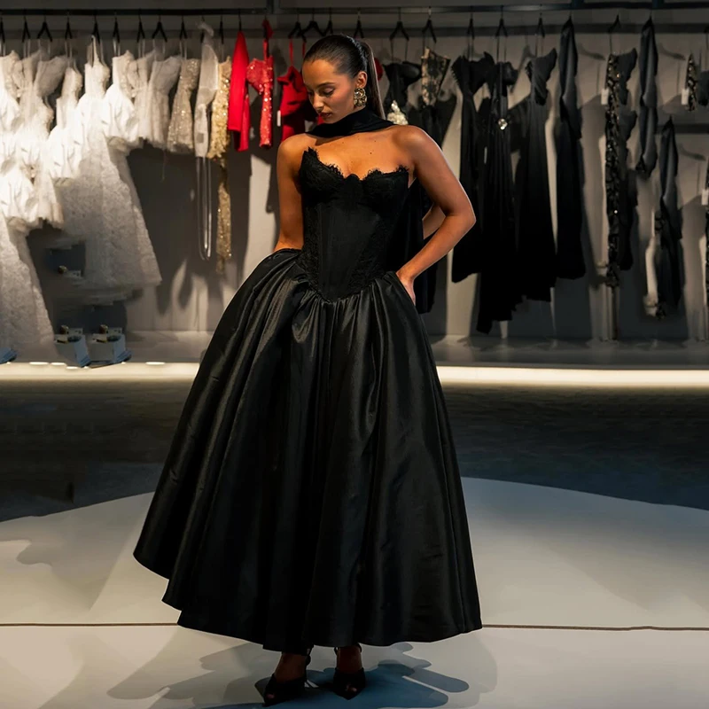 Thinyfull Black A-Line Prom Evening Dresses Saudi Arabia Sweetheart Tea Length Party Dress Night Cocktail Prom Gowns Customized