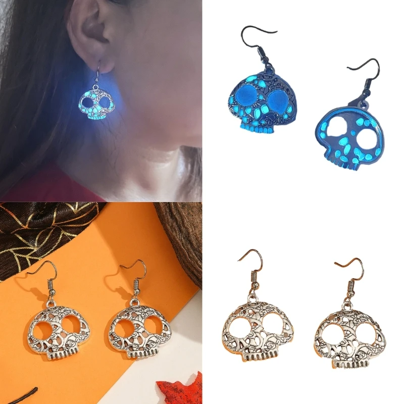 Trendy Hollowed Out Skull Earrings Charm Unique Glow in the Dark Skull Ear Hooks Individualized Skull Pendant Ear Studs X3UD