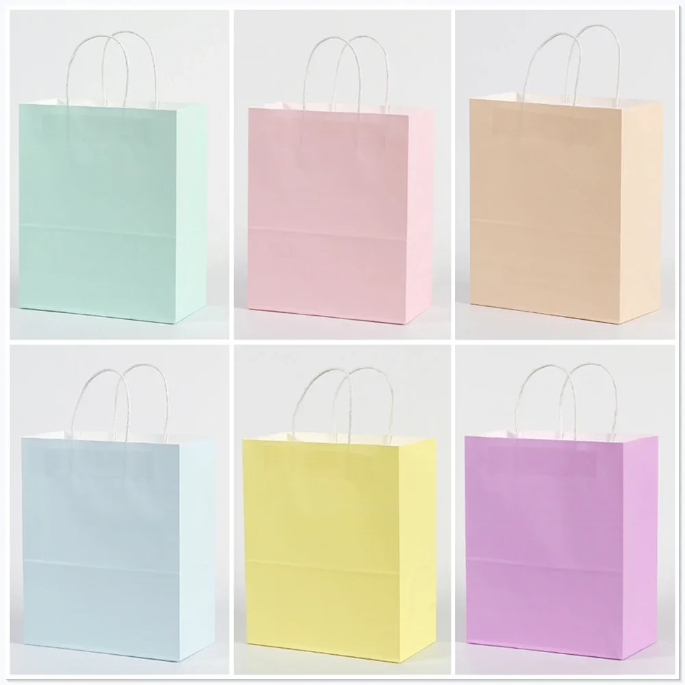 6 Stück Macarone einfarbige Papiertüten mit Griffen, Süßigkeitentüte, recycelbare Geschenktüte für Kinder, Geburtstag, Kekse, Verpackung, Partyzubehör