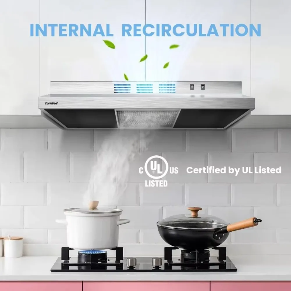 30In Range Hood, Ducted Ductless Vent Hood Durable Stainless Steel Kitchen Hood w/2 Reusable Filter, 2 Speed Exhaust Fan