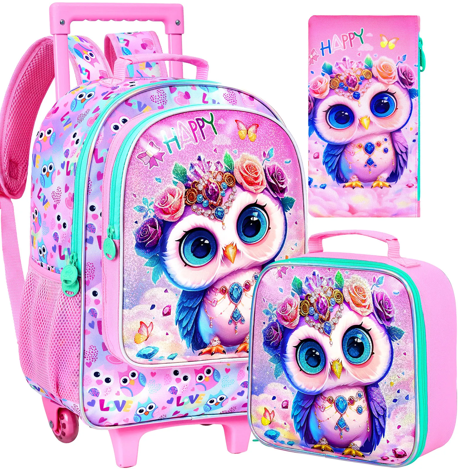 

3Pcs Rolling Backpack for Girls, Kids Roller School Backpack with Wheels, Owl Wheeled Bookbag for Elementary Preschool Kindergar