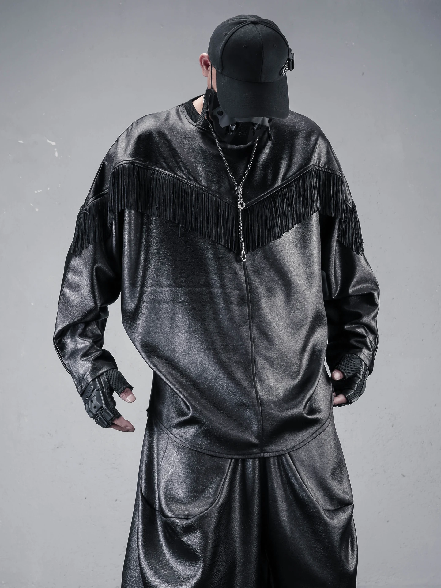 Dark Style Men's Long Sleeve Hoodie Batwing PU Leather Splicing Tassel Spring Autumn Fashionable Casual Youthful round Neck