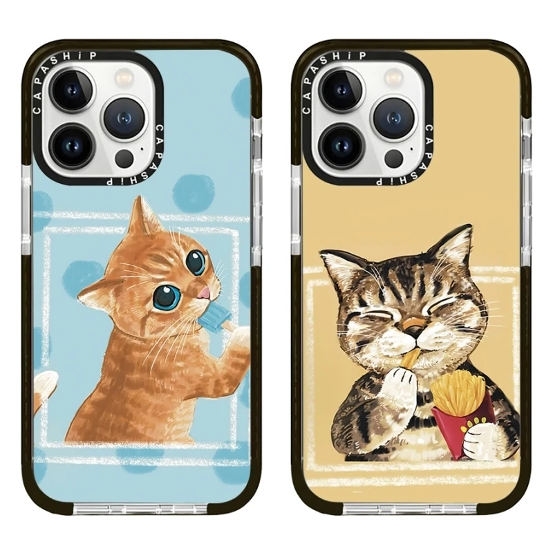 Cute Cartoon Cat Eating Food Case For iPhone 15 14 13 12 11 Pro X XS XR Max 7 8 Plus SE 2020 2022 Soft TPU Shockproof Back Cover