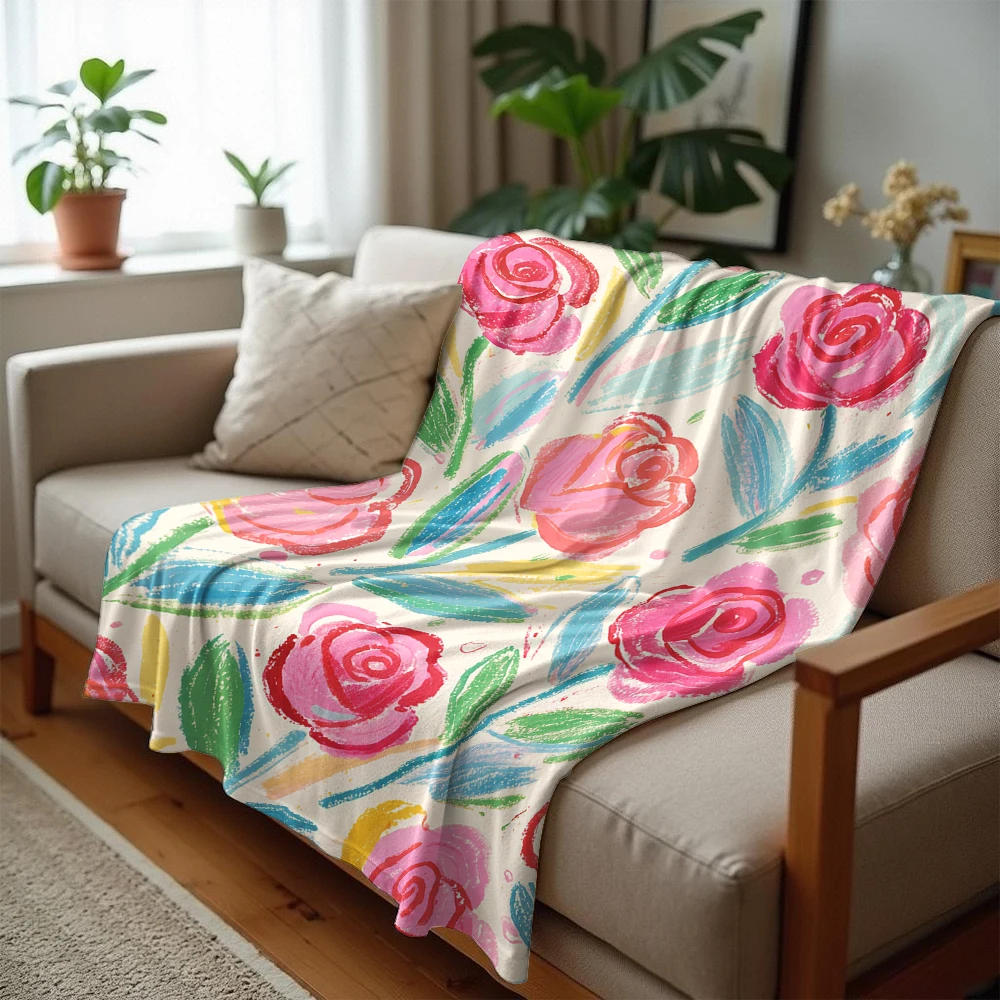 Hand-Painted Blush Rose Floral Ultra Soft Sherpa Fleece Blanket Fluffy Warm Halloween Cozy Throw for Sofa Couch Gift All season