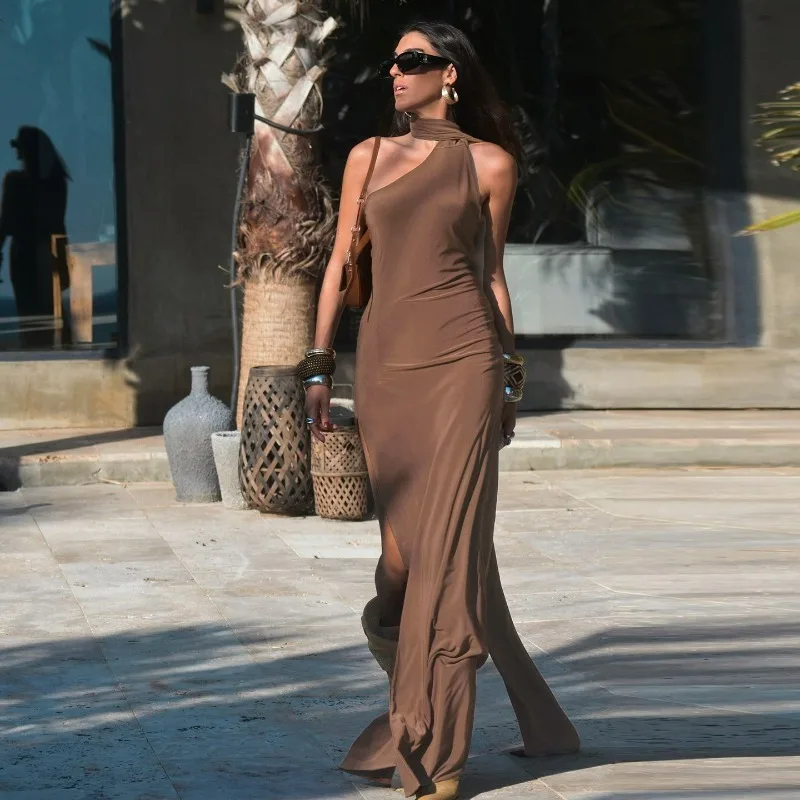 

Ticketsx Summer Backless Long Dress Fashiona Halter Neck Sleeveless Scarf Ribbon Long Dress Sexy Vacation Slim Women Long Dress