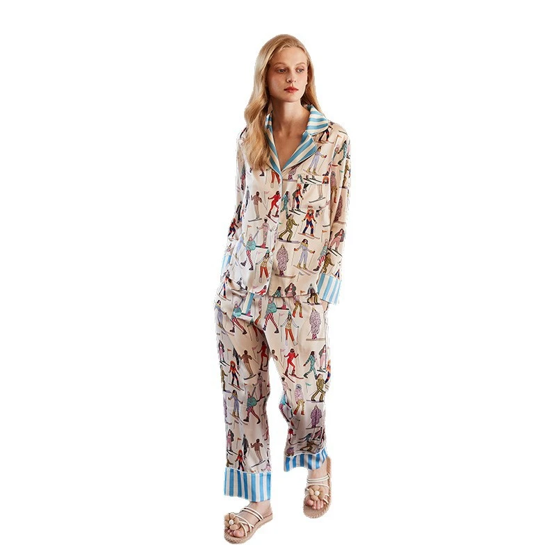 2026 New Skiing Print Funny Women's Pajamas Set Silky Satin 2 Pieces Long Sleeved Long Pants Trousers Sleepwear Ins Loungewear
