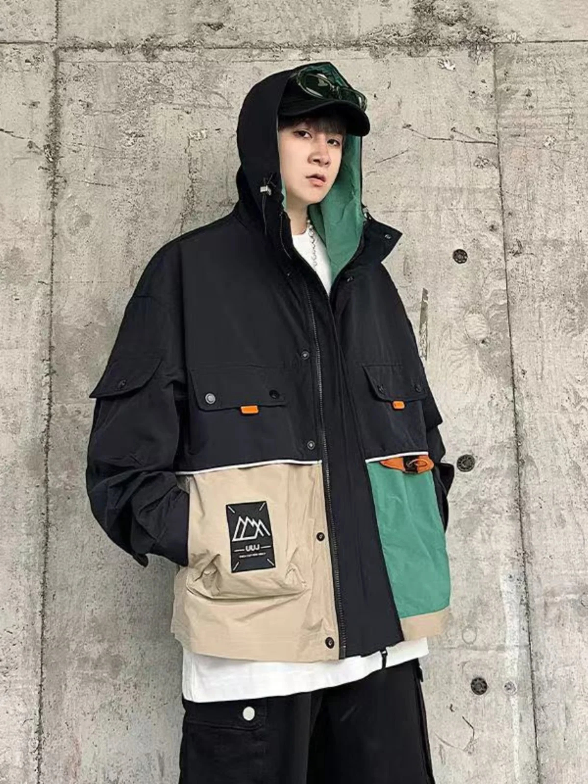 

Spring Autumn 2024 Men's Hooded Jaet Loose ket Splicing Simple Sle Workwear Outerwear Trendy Casual Long Sve Coat