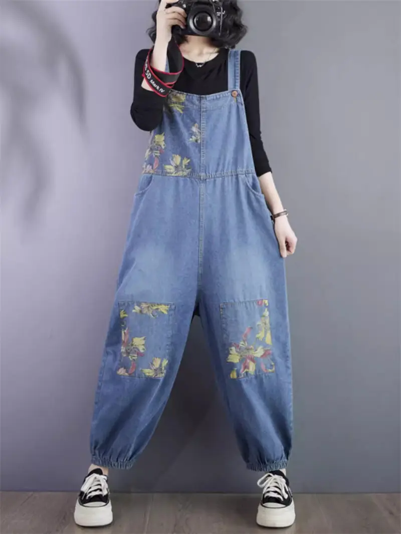 2024 Spring Summer New Artistic Printed Jeans Fashion Harem Pants Loose Big Size Casual Strap Denim Jumpsuit For Women K304